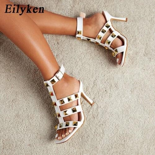Eilyken Newest Summer Gladiator Sandals Women Fashion Metal Rivet Design Square Toe Ankle Buckle Strap Stiletto Heels Shoes