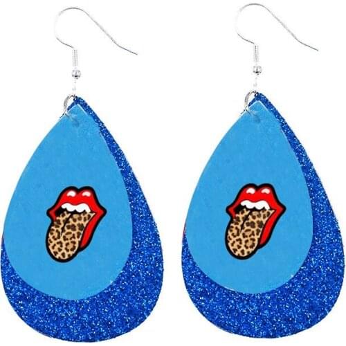 Red Lips Leopard Roll Tongue Earrings Baseball Faux Leather Two Layers Glitter For Women Trend 2021