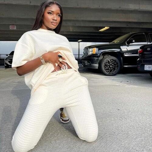 2021 Women Summer Solid Loose 2 Piece Pant Set Short Sleeve Sports Outfits Streetwear Trouser Set Fitness Tracksuit Female