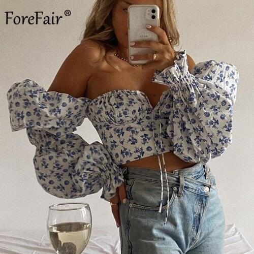 Forefair Vintage Print Flower Puff Sleeve Women Crop Top Tees 2021 Autumn Ladies Fashion Party Elegant Floral Sexy T-Shirts