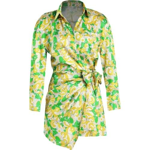 Womens Fashion Printing Short Dress Casual Lapel Irregular Knotted Long Sleeve Dress