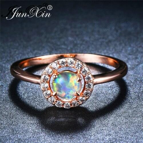 Boho Round Blue White Green Purple Fire Opal Rings For Women Rose Gold Wedding Bands Zircon Promise Engagement Thin Ring Band Cz