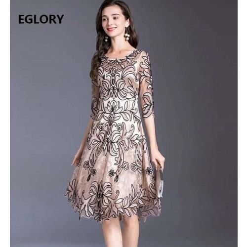 4XL Dress Vestidos De Fiesta 2020 Summer Party Event Women Allover Exquisite Embroidery 3/4 Sleeve Mid-Calf Length Dress Female