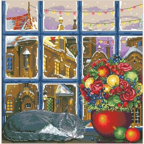 Gold Collection Counted Cross Stitch Kit Winter Sleep Cat Kitten on Windowsill Nap Snow