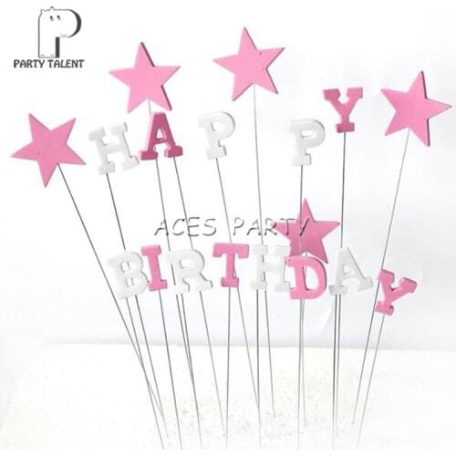 1set Pink Star Happy Birthday Cake Toppers for Girls Kids Children Birthday Party DIY Baking Cake Decoration