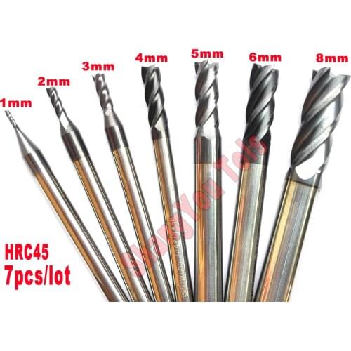 7pcs/set 1mm,2mm,3mm,4mm,5mm,6mm,8mm hrc45 4Flutes flat end mills Spiral Bit Milling Cutter Tools Carbide CNC Router bits