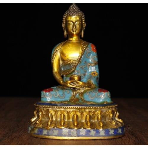 8"Chinese temple collection Old Bronze Cloisonne Enamel Shakyamuni Buddha statue Sitting Buddha Amitabha Enshrine the Buddha