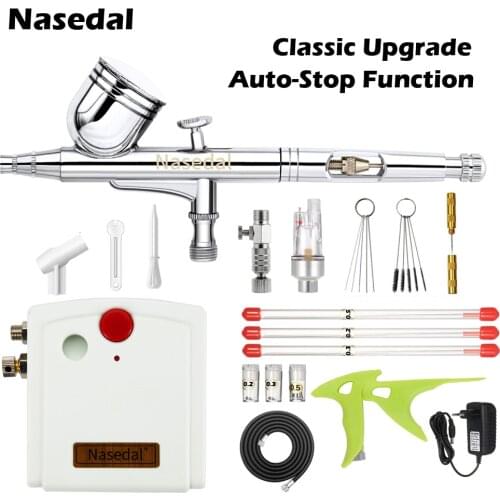 Nasedal Auto-Stop Compressor Airbrush kit 0.3mm Dual-Action Airbrush Spary Gun Kit for Nail Art Model Cake Car Painting NT-66W