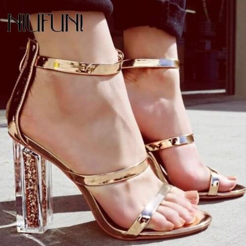 NIUFUNI Women Sandals High Heels Open Toe Crystal Transparent Sequined Women Shoes Elegant Thick Heeled Sandals Gold Shoes Woman
