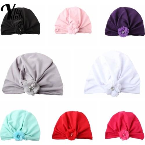 Yundfly Hand Sewing Beads Chiffon Flowers Children Hat Solid Color Warm Infant Beanie Caps Baby Girls Headwear Photography Props