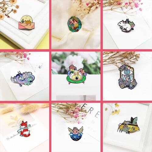 Lovely animal Enamel Brooch Parrot mouse rabbit peacock camel dragon fox cat Colorful flowers leafes Angel wings Lapel Pin Badge