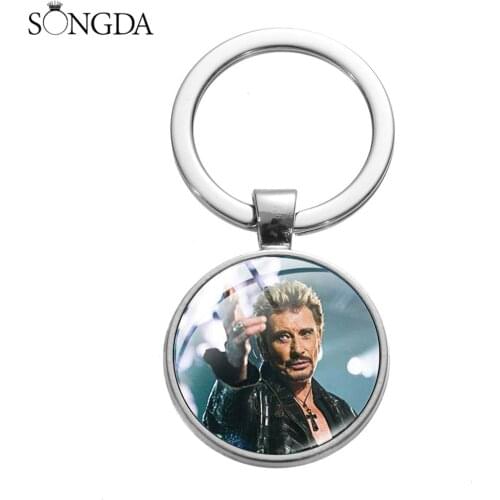 Classic Johnny Hallyday Souvenir Keychain Men Women Fashion Glass Photo Dome Charm Pendant Metal Alloy Keyring Key Chain