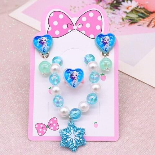 Disney Frozen Childrens Necklace Bracelet Set Elsa Snowflake Bracelet Girl Jewelry Girl Earring Clip Ring