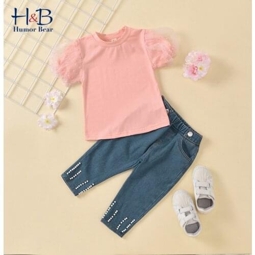 Humor Bear Girl Clothes Set New Summer Fashion Puff-Sleeve Lace Top+ Pearl Denim Long Pant 2Pcs Sweet Kid Clothes