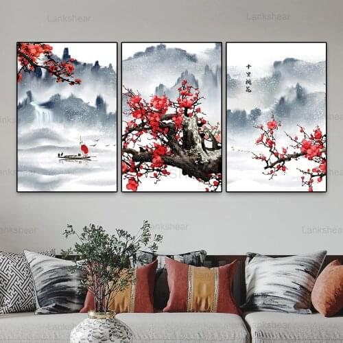 Laeacco Fashion Canvas Posters Painting Chinese Style Landscape Peach Blossom Prints Wall Pictures Modern Home Living Room Decor