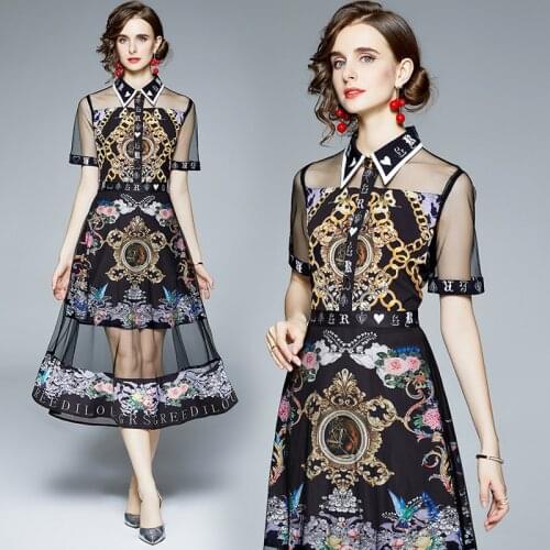 Summer Womens New Mid-Length Single-Breasted Lapel Waist Slim-Fit Printed Panel Mesh Short-Sleeve Dress