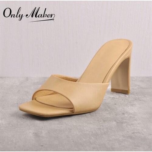 Onlymaker Summer Slip-On Sandals Square Toe Matte Soft PU Leather Chunky High Heels Slippers For Women Casual Office Lady