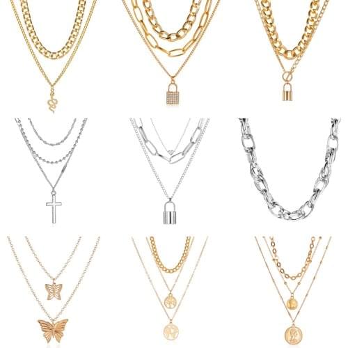 Fashion Multi Layer Key Cross Necklace For Women Snake Shape Heart Tree Pendant Chunky Chain Choker Jewelry Gift