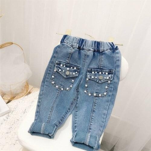 Fashion Girls Kids Casual Jeans Pants 2021 Spring Autumn Long Children Baby Beaded Pocket Washed Denim Pant Trousers S12042