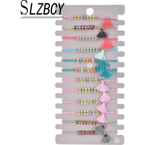 12 pcs/lot Women Small Tassel Charm Bracelets Set Handmade Metal Alloy Leaf Elastic Rope Bracelet Fashion Boho Jewelry Gifts