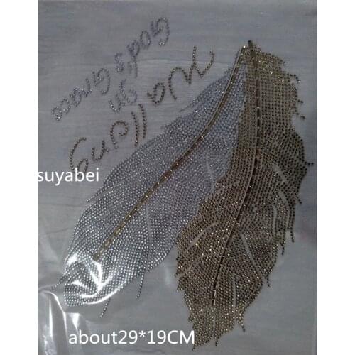 Big feather hot fix sticker iron on transfer patches hot fix rhinestone motif designs iron on applique for shirt