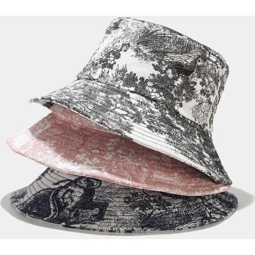 Women Men Unisex Ink Painting Floral Animal Bucket Hat Tie-Dye Printed Outdoor Fisherman Cap