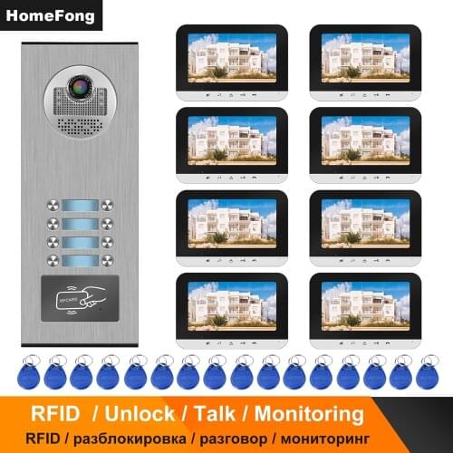 HomeFong Wired Video Intercom for Apartment 8 Monitor RFID Doorbell Camera Analog Home Door Phone Intercom Access Control System