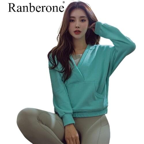 Ranberone Womens Long Sleeve Fitness Yoga Tops Hoodies Women Pocket Sweatshirt Female Solid Color Sportswear Gym Clothes