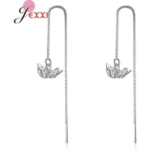 Romantic Tiny 925 Sterling Silver Paper Cranes Ear Line Long Chain Women Jewelry Drop Earring Fashion Pendientes