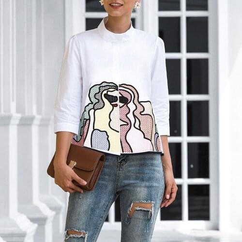 Retro Abstract Embroidery Shirts Women Summer New Arrival Fashion Half Sleeve White Elegant Blouse Ladies Loose Casual Tops