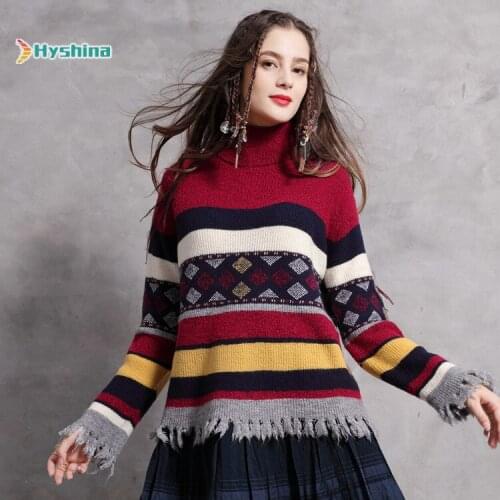 Winter New Stripe Sweater Color Matching Bottom Sweater Knitwear Retro Tassel High Neck Sweater