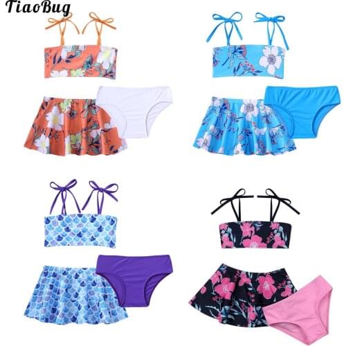 TiaoBug Summer 3Pcs Kids Girls Floral Print Swimming Suit Straps Self Tie Closure Tube Tops With Skirt And Briefs Beach Swimwear