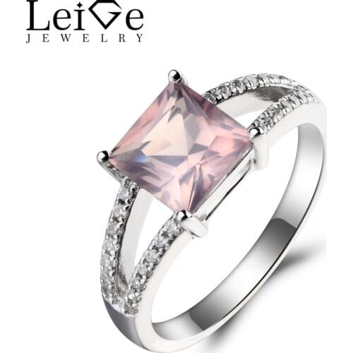 Leige Jewelry Pink Gemstone Engagement Ring Square Cut Natural Pink Quartz Ring Solid 925 Sterling Silver Ring Gifts for Women