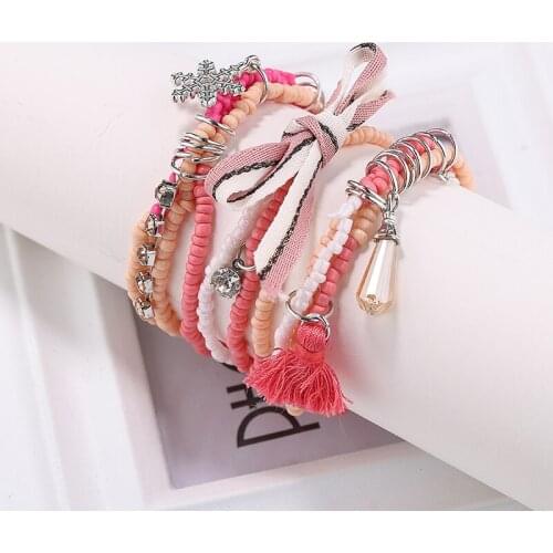 Bohemia Multilayer Elastic Tassel Charm Beads Bracelets For Women Jewelry Snowflake Pendant Charm Bracelets Femme Pulseras Mujer