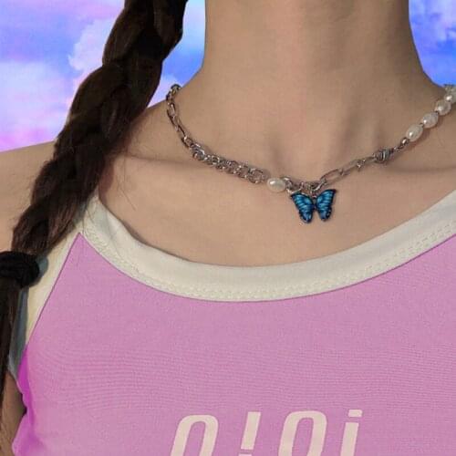 Y2K Jewelry Pearl Chain Blue Butterfly Necklace For Women Beads Vintage Harajuku Fashion Necklace Charms 90s Aesthetic Gift