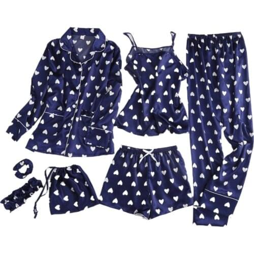 Leisure 7 piece Set Ice Silk Printed Women Pajamas Summer Autumn Temperament Breathable Essential Sleepwear for Travel Homewear