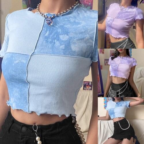 Women Stitching Round Neck T-shirt chic Punk style Irregular Hem Short sleeve Vest Clubwear Patchwork design street casual wear