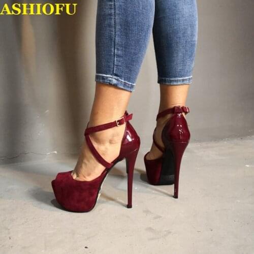 ASHIOFU Handmade Ladies High Heel Pumps X-straps Peep-toe Party Office Dress Shoes Sexy Platform Shopping Fashion Court Shoes