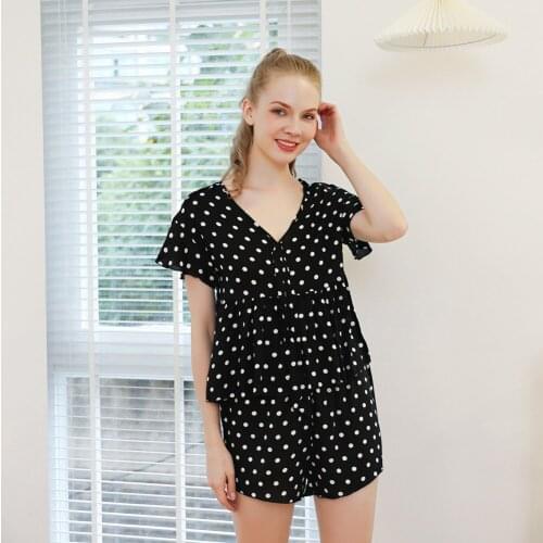 Womens Pajamas Set Black Polka Dot Sleepwear Suit Female Short Top Shorts Casual Silk Like Homewear Rayon Two-Piece Suit