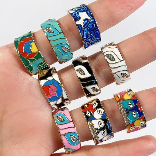 Lovely Cat Enamel Dripping Oil Zircon Ring For Women, Adjustable Copper Gold Plated Finger Floral Rings Party Jewelry Gift