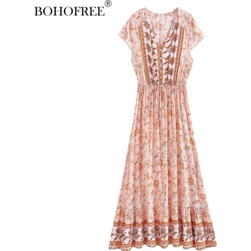 Boho Dresses V Neck Curve Plus Size Women Dress Short Sleeve Rayon Floral Vestidos Long Maxi Hippie Women Dress