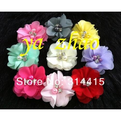 2"new chiffon flower with pearl & rhinestone, hair flower for headband, handmade flower, 12colors, 360pcs/lot, free shipping