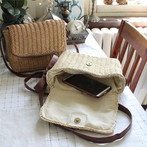 2021Summer Vintage Handmade Rattan Straw Bag Ladies Knitted Square Flap Shoulder Bag Bohemia Bali Travel Vocation Messenger Bag