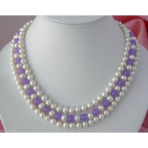 3strands 7-8MM white round freshwater akoy pearl 8MM gem necklace 17-19"AA