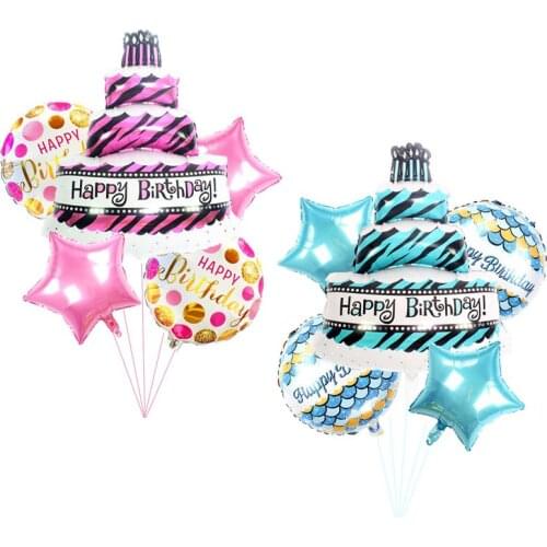 5pcs Blue Pink Large Cake Happy Birthday Foil Balloons for Baby Kids Birthday Party Decorations Inflatable Air Balls