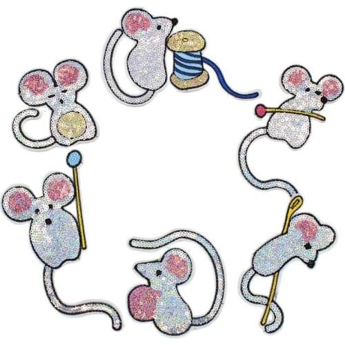 6pcs/set Sequined Iron On Patches Embroidered Cartoon Mouse Appliqued DIY Handmade Stickers Jeans Bags Clothes Coat Accessories