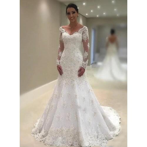 ANGELSBRIDEP Long Sleeves Mermaid Wedding Dresses Robe de mariee Vintage Applique Court Train Formal Bride Wedding Gowns HOT