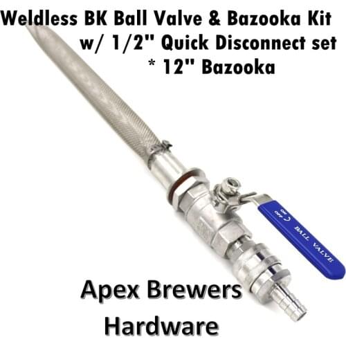 Weldless Boil Kettle Ball Valve & Bazooka Kit w/ 1/2" Quick Disconnects, 12" Bazooka, 2 Piece SS316 Ball Valve,1/2" Hose Barb