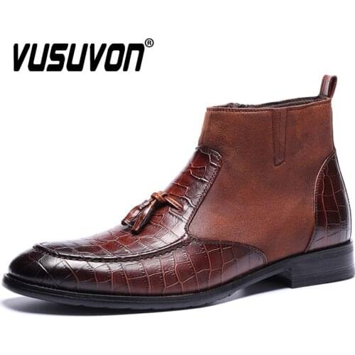 40-46 PU Leather Chelsea Boots Men Winter Keep Warm Snow Boots Tassel Loafers 2020 Newest Print Ankle Boots Men