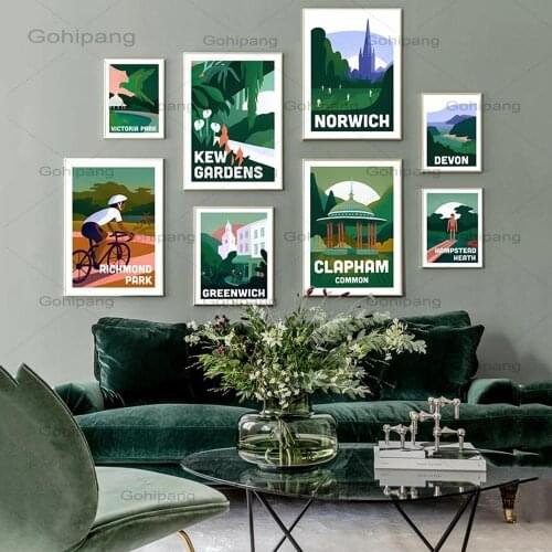 British Clapham Canvas Poster Cartoons Wall Art Canvas Painting Bicycle Prints Town Wall Pictures for Living Room Decoration